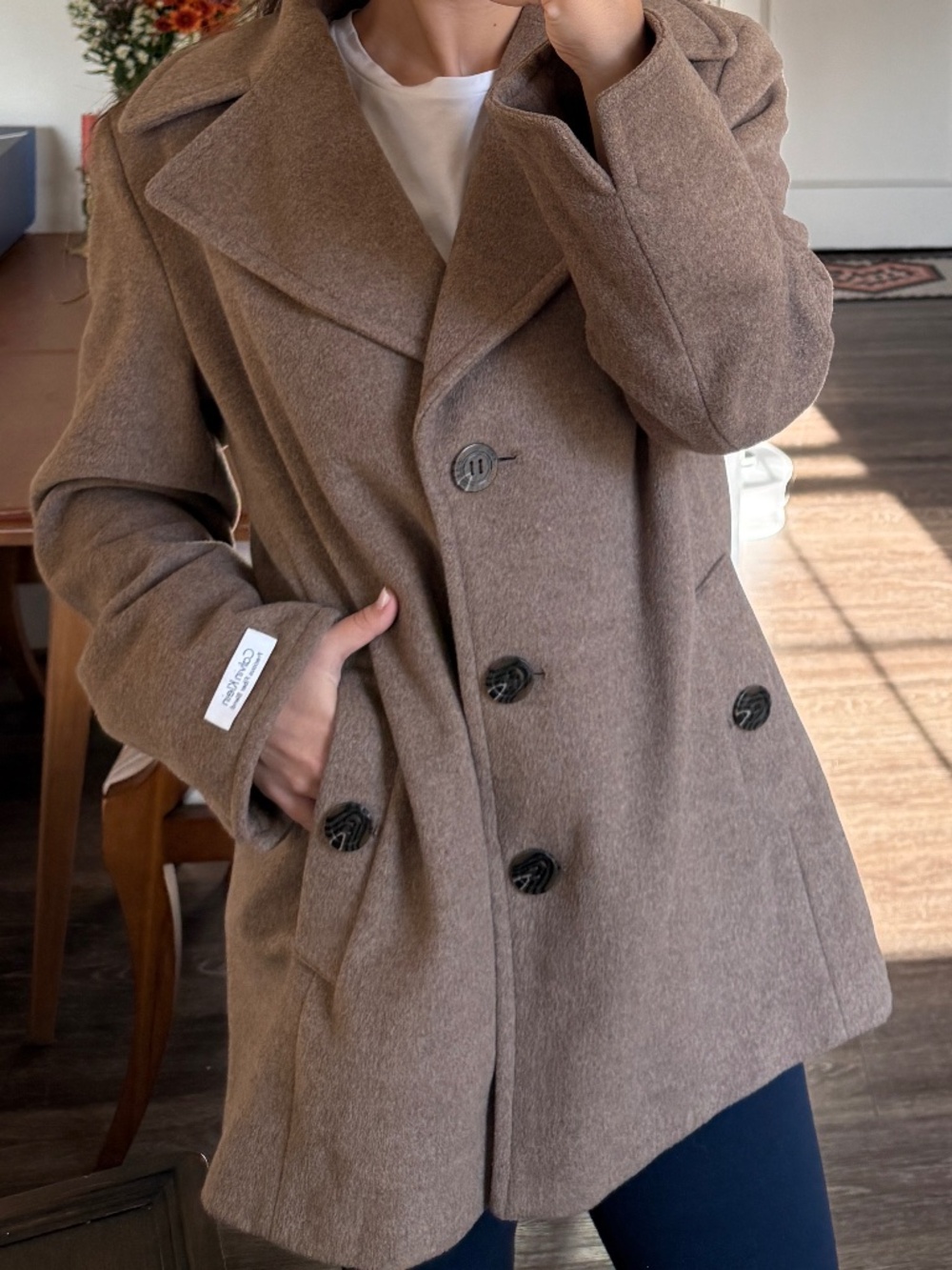 Calvin Klein Wool & Cashmere Blend Pea Coat - Tan/Oatmeal - Size Large
